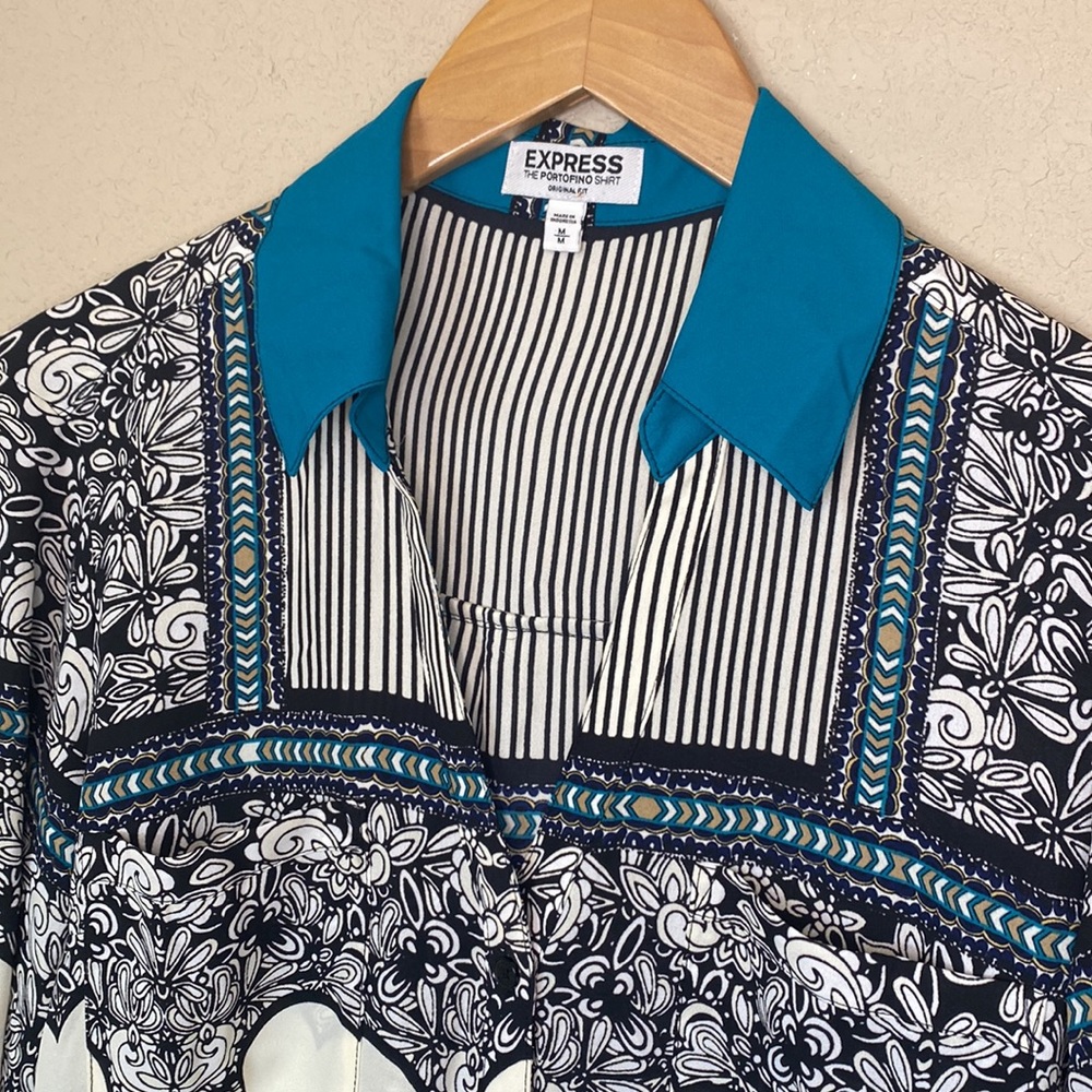 Express The Portfolio Long Sleeve V-Neck Floral Stripes Button Down Shirt M - Picture 4 of 7